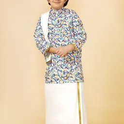 A.T.U.N. Boys Printed Band Collar Regular Straight Kurta With Mundu & Dupatta-35