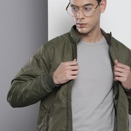 The Indian Garage Co Men Olive Green Solid Bomber Jacket-image-27