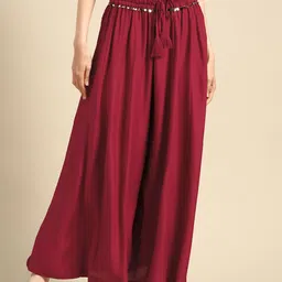 TAG 7 Women Maroon Solid Flared Palazzos-picture-48