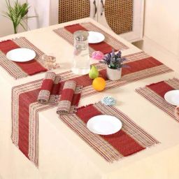 Peepul Tree Handmade Table Mats and Table Runner Set in Maroon (Set of 6+1)-35