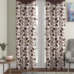 Cortina Brown & Beige Set of 2 Fancy Valance Floral Printed Long Door Curtains-picture-3