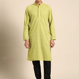 RAJUBHAI HARGOVINDAS Men Lime Green Chikankari Kurta-picture-20