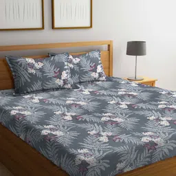 Aura Grey & Cream-Coloured Floral 300 TC King Bedsheet with 2 Pillow Covers-9
