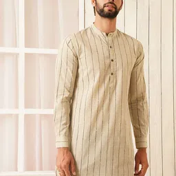 JAYPORE Striped Band Collar Cotton Straight Kurta-41