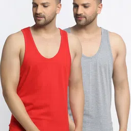 Friskers Men Pack Of 2 Red & Grey Solid Cotton Gym Vests-7