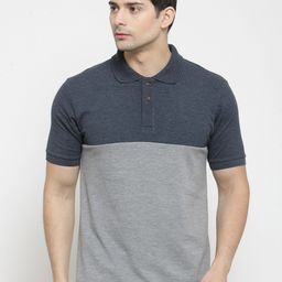 Kalt Men Navy Blue & Grey Colourblocked Polo Collar T-shirt-image-15