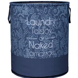 Kuber Industries Navy-Blue & White Printed Non-Woven Round Laundry Basket - 45 L-13