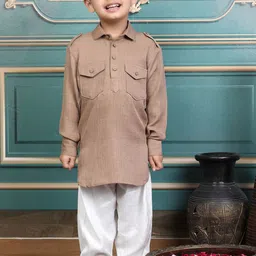 Polka Tots Boys Shirt Collar Pure Cotton Pathani Kurta With Pyjamas-image-51
