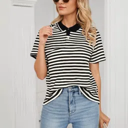 VIMAL JONNEY Women Regular Fit Striped Polo Collar Cotton T-shirt-image-35