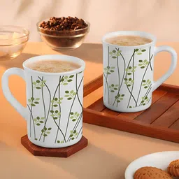 Larah by BOROSIL White & Green Printed Opalware Matte Mugs Set of Cups and Mugs-25