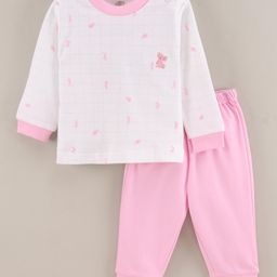 Zero Interlock Full Sleeves Top And Lounge Pants Set Rabbit Print - Pink White-picture-8