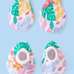 Babyhug 100% Cotton Mittens & Booties Set Tropical Print - White-image-78