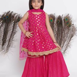 Little Bansi Sleeveless Paisley Motif Designed And Lace Embellished  With Lurex Striped Sharara Set - Hot Pink-picture-15