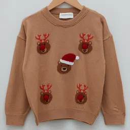 LC Waikiki Christmas Theme Full Sleeves Reindeer Printed Acrylic Knitwear Sweater - Nut Beige-picture-6