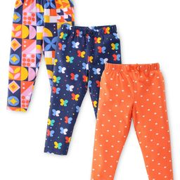 Babyhug Cotton Lycra Knit Stretchable Leggings Butterfly Print Pack of 3 - Multicolor-image-61