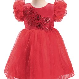 Babyhug Half Puffed Sleeves Sequins & Embroidery Detailing Fit & Flare Party Frock - Red-image-90