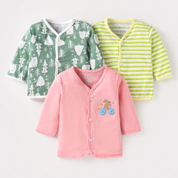 OHMS Single Jersey Knit Full Sleeves Front Open Striped & Jungle Theme Printed Vests Pack of 3 - Green & Pink-image-94
