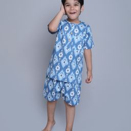 Little Clothing Cotton Woven Half Sleeves Abstract Printed Coordinating Shirt With Shorts - Blue-image-55