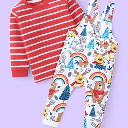 Babyhug Single Jersey Knit Full Sleeves Striped T-Shirt & Full Length Dungaree Set with Animals Print -Red & White-image-85