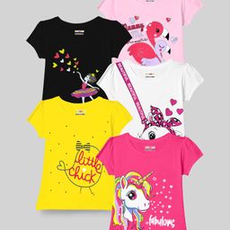 KUCHIPOO Pack Of 5 Half Sleeves Unicorn & Doll Printed Tees - Black Pink White & Yellow-image-38