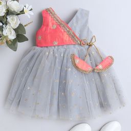 Many frocks & Sleeveless Floral Foil Printed & Lace Embellished Flared Dress - Grey-image-1
