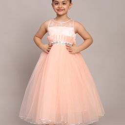 Toy Balloon Kids Net Sleeveless Floral Shaped Lace & Butterfly Shaped Sequins Embellished Dress - Peach-image-58