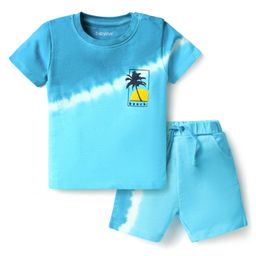 Babyoye 100% Cotton Knit Half Sleeves T-Shirt & Shorts Set With Tree Print - Aqua Blue-image-95