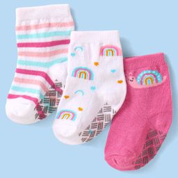 Cute Walk By Babyhug Non Terry Knit Anti-Bacterial Anti-Skid Ankle Length Socks With Rainbow Design Pack Of 3 - White & Pink-image-65