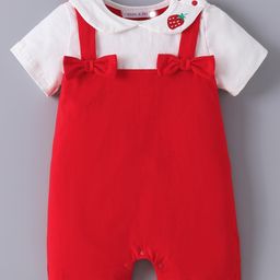 Mark & Mia Half Sleeves Cotton Romper With Bow Applique & Strawberry Patch - Red & White-image-83
