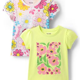 Honeyhap Premium 100% Cotton Knit Half Sleeves Floral Printed Tops with Bio Finish Pack of 2 - Bright White & Sunny Lime-image-97
