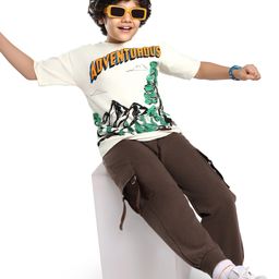 Ollington St. Sinker Knit Half Sleeves T-Shirt & Joggers Set with Adventure Text Print - Buttercream & Brown-picture-4