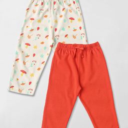 Nauti Nati Cotton Pack Of 2 Full Sleeves Solid & Mushroom Printed Pajamas - White & Orange-image-83