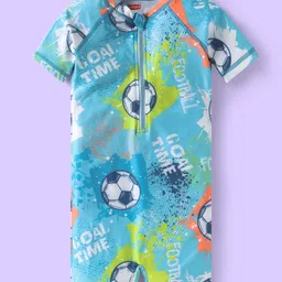 Babyhug Half Raglan Sleeves Water Repellent Legged Swimsuit with Football Print - Light Blue-picture-39