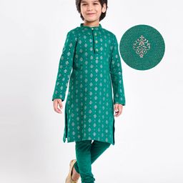 EARTHY TOUCH Premium Cotton Knit Full Sleeves Kurta Pyjama Set with Foil Print - Teal Blue-image-93