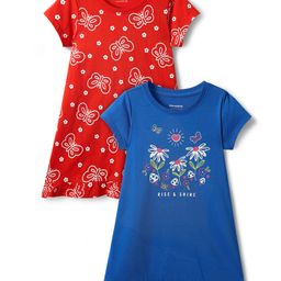 Honeyhap Premium 100% Cotton Bio Finish Half Sleeves Nighties with Butterfly Print Pack of 2 - Red & Blue-picture-19