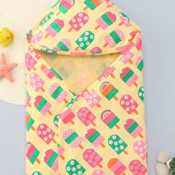 Babyhug Interlock Knit Hooded Wrapper with Popsicle Print L 76.2 x B 76.2 cm - Yellow-picture-0