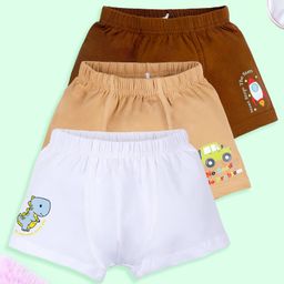 Kiddopanti Cotton Pack Of 3 Baby Dinosaur & Car Printed Boxers - Brown White & Beige-image-59