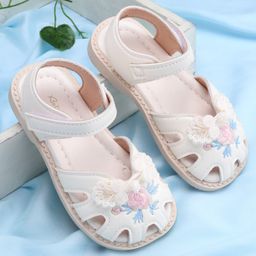 Babyoye Velcro Closure Floral Embroidered & Bow Applique - Beige-image-7
