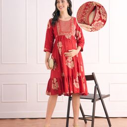 Bella Mama Viscose Woven Three Fourth Sleeves Maternity Dress with Floral Print & Embroidery on Neck - Dark Red-picture-35