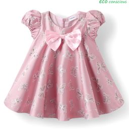 Babyoye Woven Half Sleeves Butterfly Printed Pleated Party Dress With Bow Applique - Pink-image-2