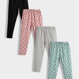Orange Sugar Cotton Lycra Knit Pack Of 4 Solid & Hearts Printed Stretchable Leggings - Multi Colour-picture-31