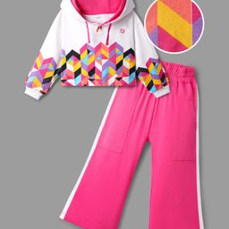 OLLINGTON ST. Cotton Looper Full Sleeves Winterwear Suit Set with Hoodie Geometric Print & Track Pant -White & Pink-picture-37