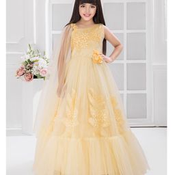 Betty By Tiny Kingdom Net Woven Sleeveless Floral Shaped Sequins Embellished & Applique Detailed Tiered Gown - Yellow-image-5