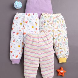 BUMZEE Cotton Knit Full Length Lounge Pants with Stripes & Tropical Print Pack of 4 - Lilac & White-picture-12