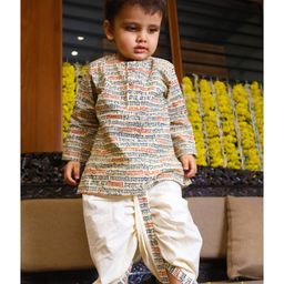 Polka Tots Full Sleeves Transcript Text Printed Kurta With Coordinating  Dhoti Set - Cream image 3