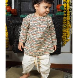 Polka Tots Full Sleeves Transcript Text Printed Kurta With Coordinating  Dhoti Set - Cream image 5