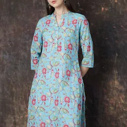 Melange by Lifestyle Floral Printed Mandarin Collar Cotton Kurta-picture-47