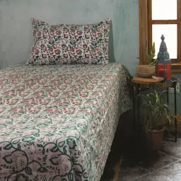 Fanusta Manzhar Off White & Blue 200 TC Hand Block Printed Bed Sheet Set-image-66