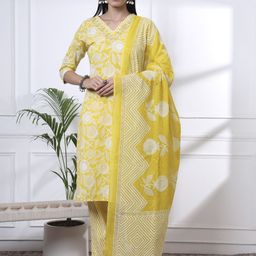 Yufta Women Floral Printed Cotton Kurta with Trousers & Dupatta-picture-26