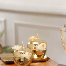 Pure Home and Living Gold Brass Hammered Apple Shaped Decorative Jars With Tray - Set of 3-33